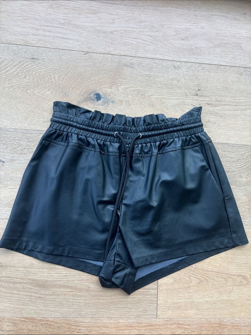 Women's Black Faux Leather Athletic Shorts with Drawstring Waist